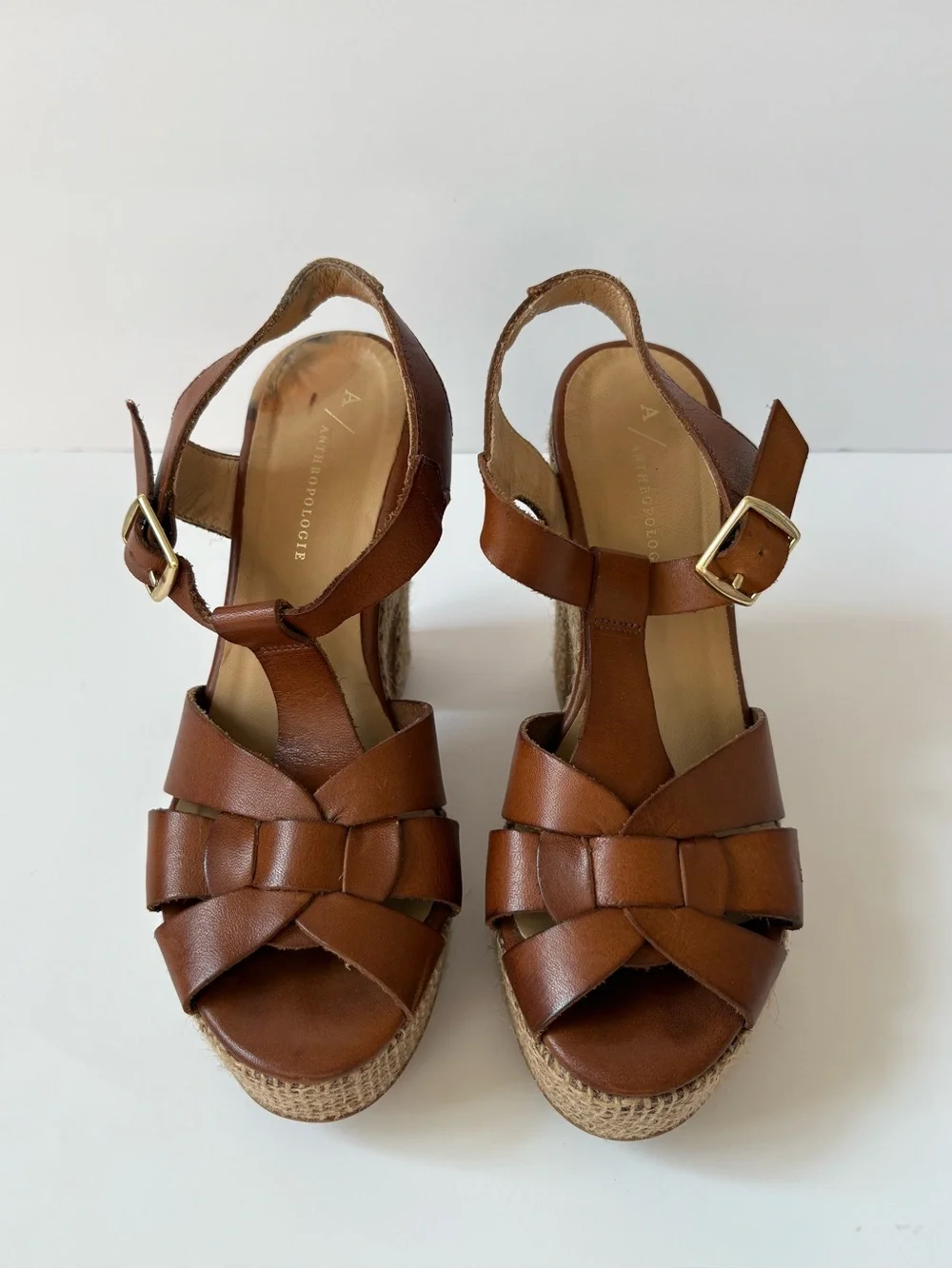 Anthropologie Brown Leather Woven Platform Sandals 7 T-Strap Preppy Academia